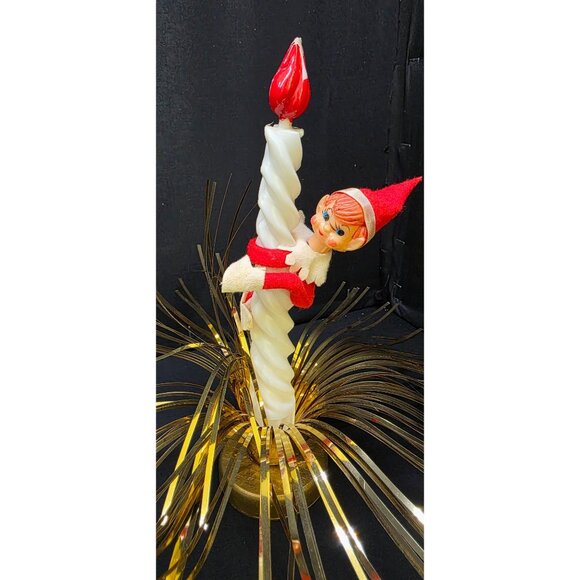Vintage Christmas Kitschy Pixie Elf Candle Hugger Tinsel MCM Holiday Decor Japan - Picture 1 of 8